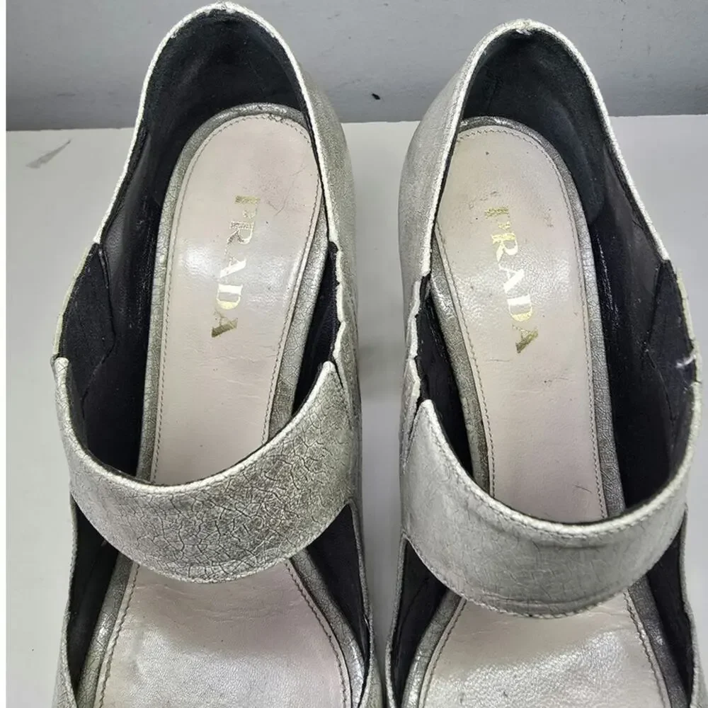 Gray Prada Mary Jane peep toe pumps sz 39.5 /8.5